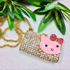Whimsical Fun Necklace Jeweled & Enameled “Hello Kitty” Pendant on 28”L Chain